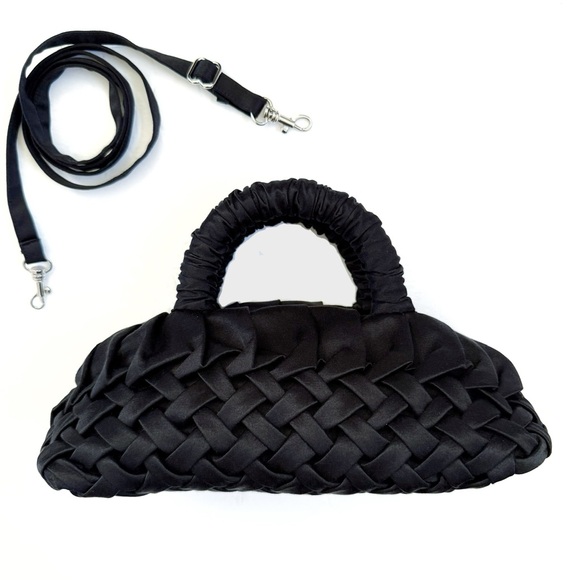 MERLETTE Handbags - MERLETTE NEW YORK BLACK SATIN SILK BRAIDED LUNE MINI HANDBAG PURSE
